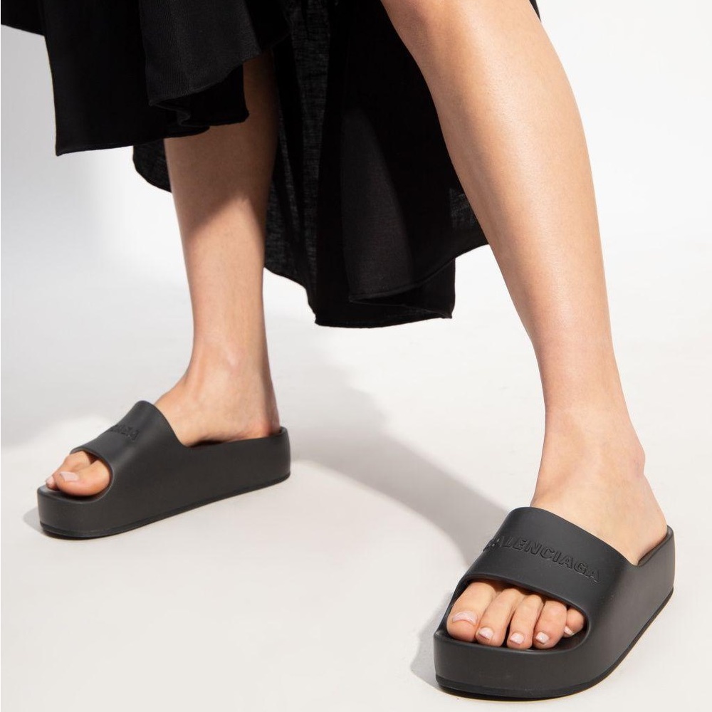 Balenciaga Womens Chunky Slide Sandal Black Logo Size 9